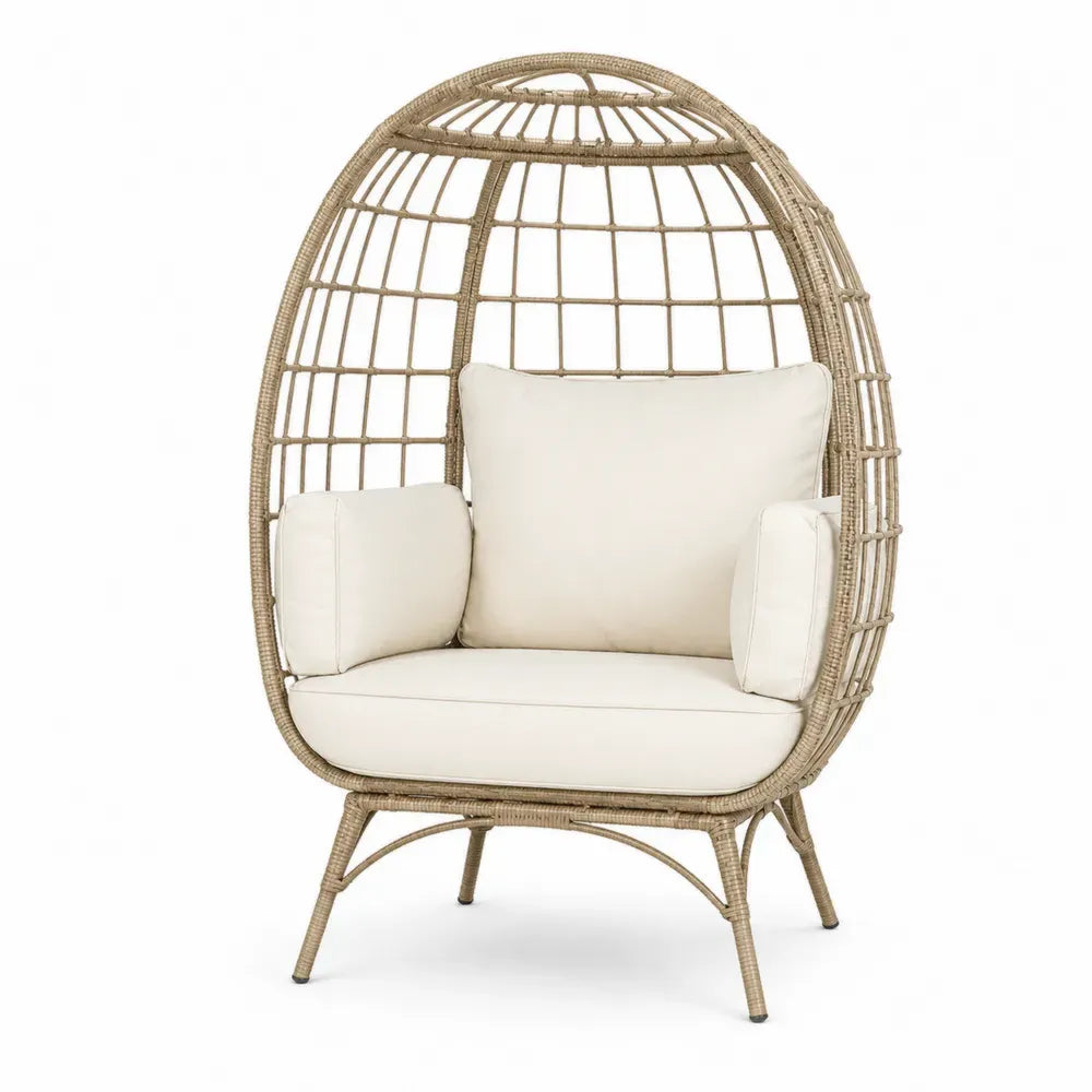 Eiersessel Loungesessel Gartensessel oval mit naturbraunem PE-Rattan Stahlrahmen cremefarbenen Polyesterkissen 108 x 85 x 150 cm