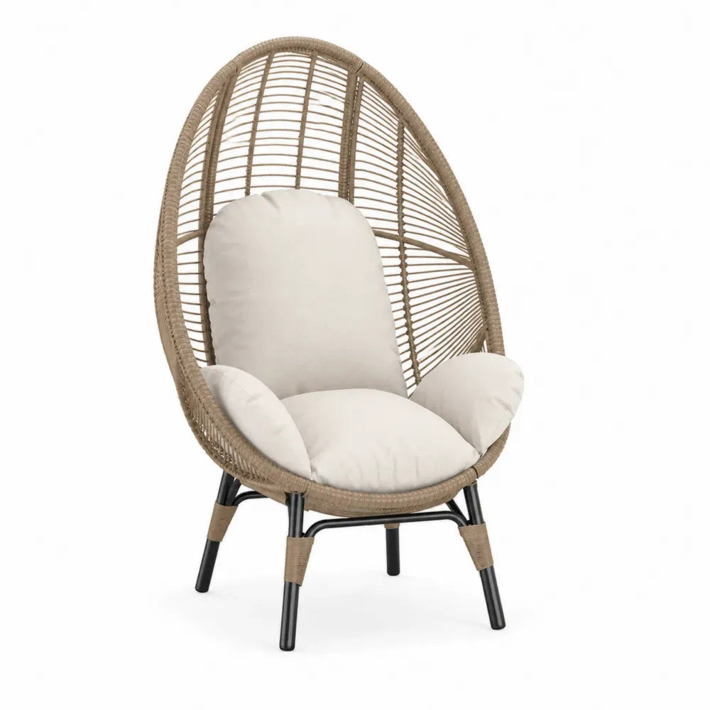 Eiersessel Loungesessel Gartensessel oval mit naturbraunem PE-Rattan schwarzem Stahlrahmen cremefarbenen Polyesterkissen 100 x 86 x 150 cm