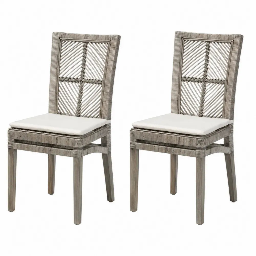 Esszimmerstuhl 2er Set mit Sitzkissen 48 x 55 x 96 cm Gummibaum Massivholz Rattangeflecht Polyesterbezug rechteckig Grau Beige