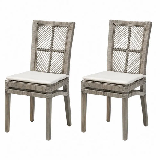 Esszimmerstuhl 2er Set mit Sitzkissen 48 x 55 x 96 cm Gummibaum Massivholz Rattangeflecht Polyesterbezug rechteckig Grau Beige