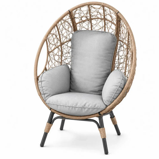 Loungesessel Gartensessel mit PE-Rattan Stahlrahmen Polyesterkissen ovale Korbschale Natur Grau Schwarz 100 x 92 x 148 cm