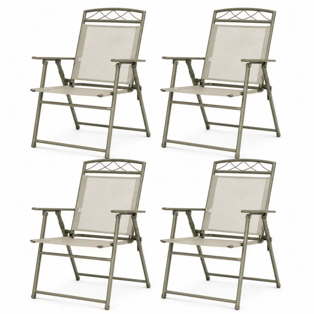 4er Set Gartenstühle klappbare Armlehnstühle aus pulverbeschichtetem Stahl mit beigem Textilene olivgrau 58 x 65 x 94 cm