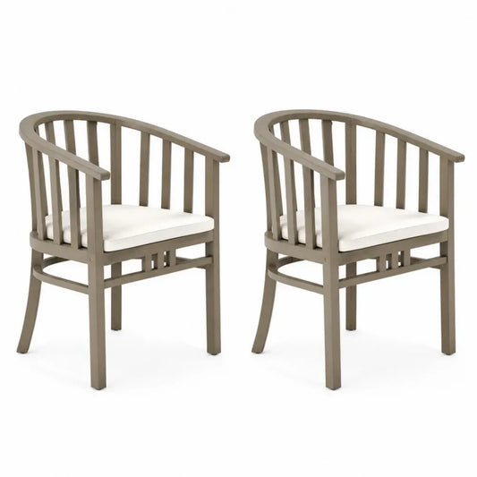 2er Set Gartenstühle Armlehnstühle aus graubeigem Akazienholz mit cremeweißer Polyesterauflage und halbrunder Rückenlehne 65 x 62 x 82 cm