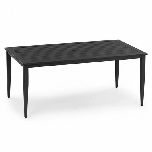 Rechteckiger Gartentisch Esstisch aus schwarzem Aluminium mit Lamellentischplatte und Schirmloch 160 x 90 x 74 cm