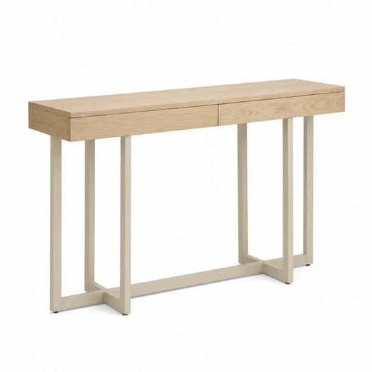 Konsolentisch mit 2 Schubladen MDF mit Eichenfurnier cremeweißem Stahlgestell rechteckig hellbraun cremeweiß 120 x 35 x 80 cm