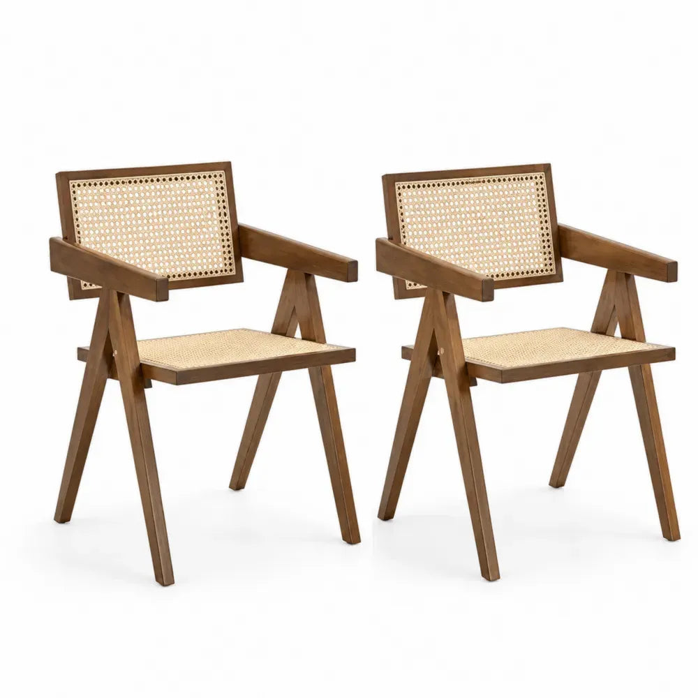 Esszimmerstuhl 2er Set Armlehnstuhl 58 x 55 x 80 cm Gummibaum Massivholz Rattangeflecht rechteckig Braun Natur