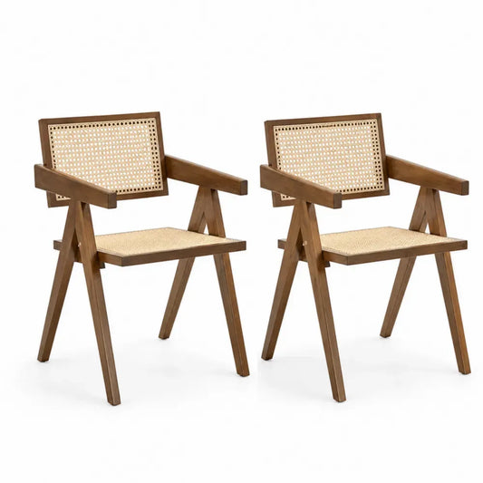 Esszimmerstuhl 2er Set Armlehnstuhl 58 x 55 x 80 cm Gummibaum Massivholz Rattangeflecht rechteckig Braun Natur