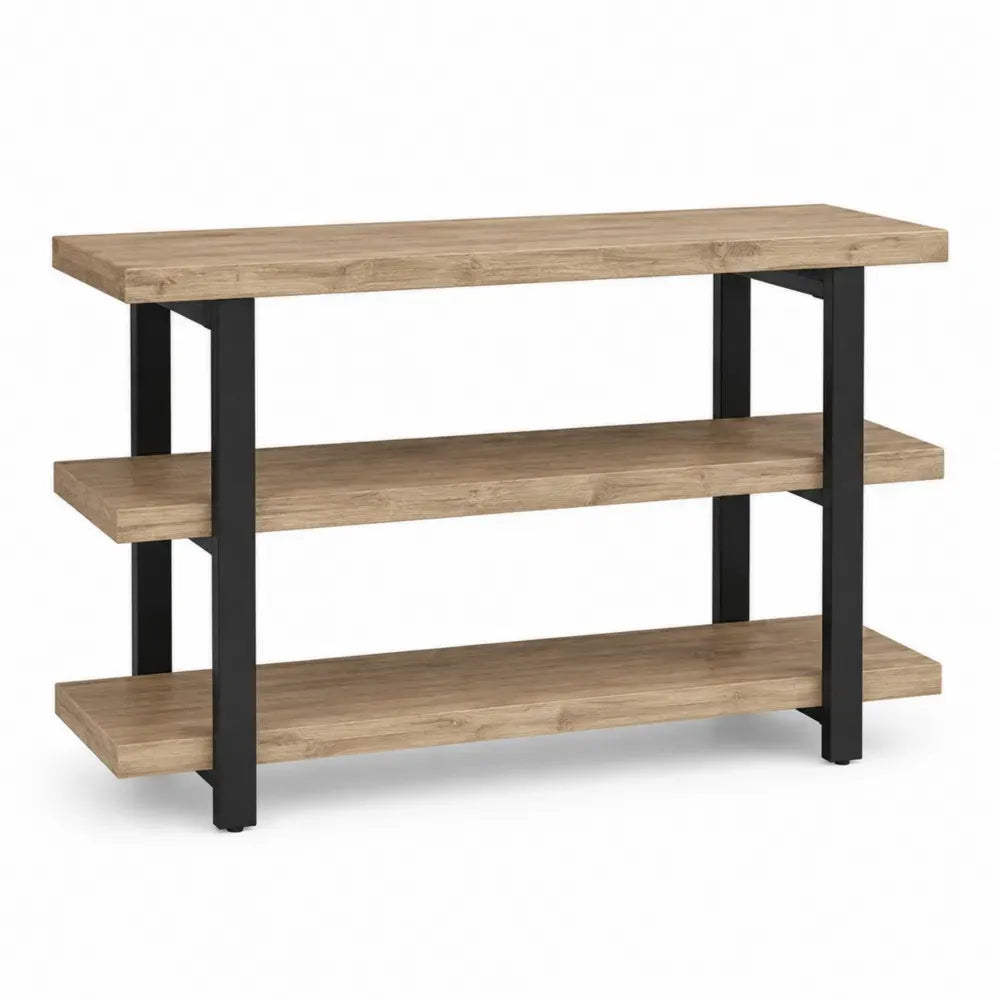 Konsolentisch mit 3 Ablagen aus Spanplatte und schwarzem Stahl rechteckig Eiche hell 120 x 35 x 80 cm