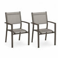 2er Set Gartenstühle Armlehnstühle rechteckig je 57 x 60 x 88 cm pulverbeschichtetes Aluminium und PVC-beschichtetes Polyestergewebe Dunkelbraun Taupegrau