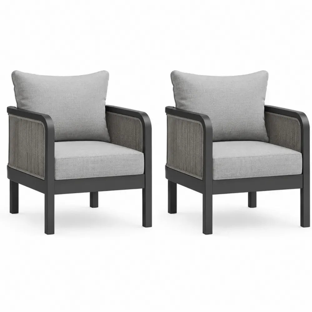 2er Set Loungesessel Gartensessel mit Aluminiumrahmen Polyesterseil und Polyesterkissen Schwarz Grau Taupegrau je 78 x 75 x 76 cm