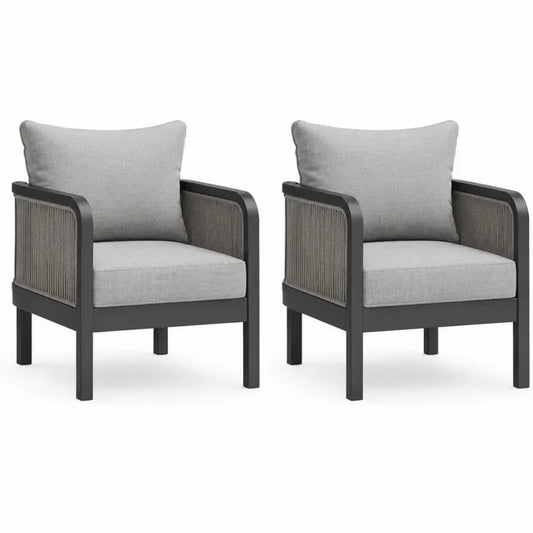 2er Set Loungesessel Gartensessel mit Aluminiumrahmen Polyesterseil und Polyesterkissen Schwarz Grau Taupegrau je 78 x 75 x 76 cm