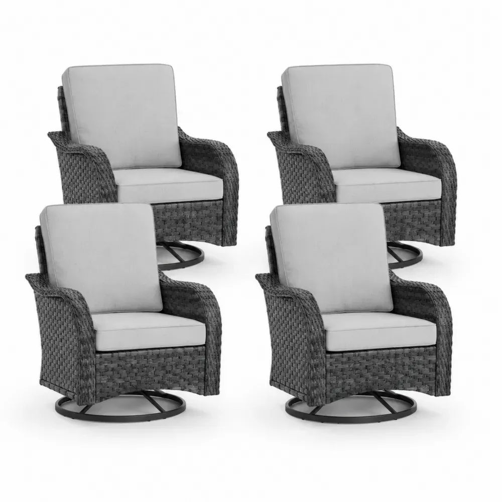 4er Set Drehsessel Gartensessel Loungesessel mit dunkelgrauem PE-Rattan schwarzem Stahlrahmen hellgrauen Polyesterkissen 75 x 82 x 94 cm je Stück