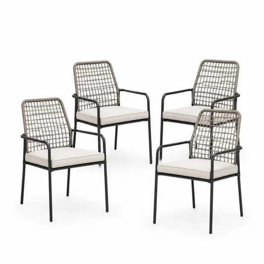 4er Set Gartenstühle Armlehnstühle mit rechteckiger Sitzfläche aus schwarzem Stahl graubeigem PE-Seilgeflecht und cremeweißem Kissen 58 x 62 x 86 cm