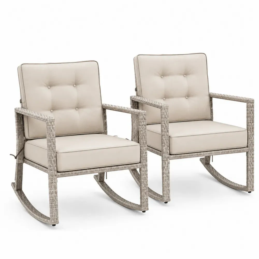 2er Set Schaukelstühle Gartensessel rechteckig je 65 x 78 x 86 cm Polyethylen-Rattan Polyester Hellgrau Beige