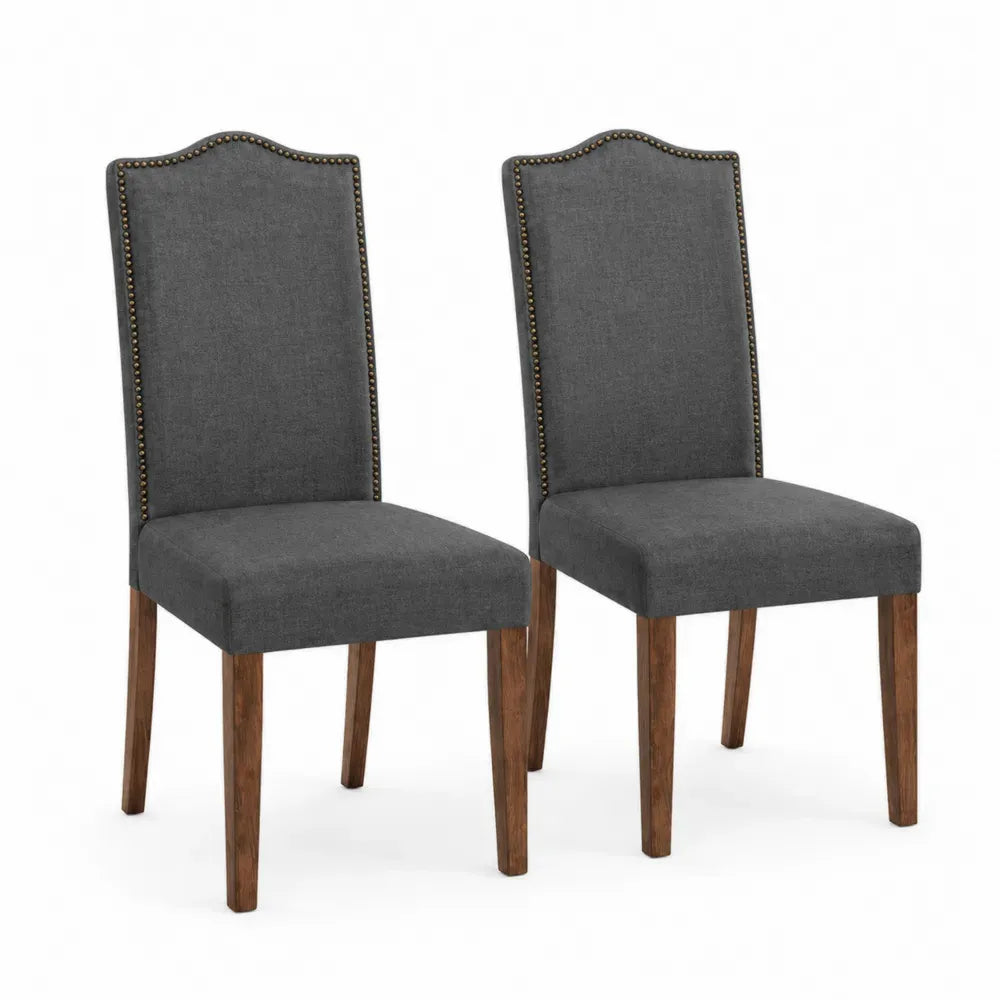 Esszimmerstuhl 2er Set Polsterstuhl mit hoher Rückenlehne Polyestergewebe Kautschukholz Ziernieten Dunkelgrau Braun Antikmessingfarben 50 x 62 x 103 cm