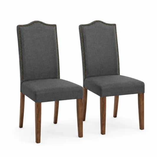 Esszimmerstuhl 2er Set Polsterstuhl mit hoher Rückenlehne Polyestergewebe Kautschukholz Ziernieten Dunkelgrau Braun Antikmessingfarben 50 x 62 x 103 cm