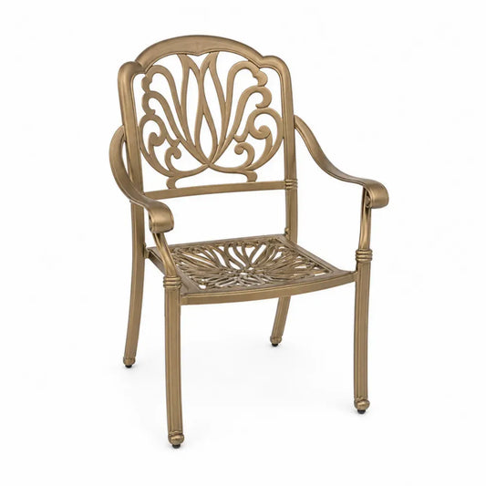 Gartenstuhl Essstuhl mit Armlehnen aus antikgoldfarbenem Aluminiumguss mit Ornamentrücken und offener Sitzfläche 61 x 58 x 92 cm