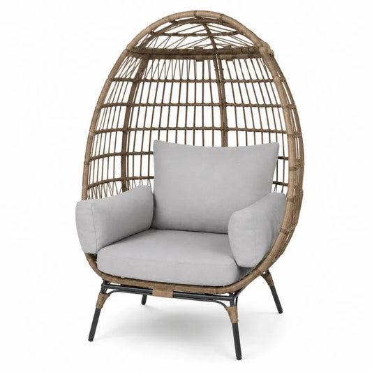 Eiersessel Loungesessel Gartensessel oval mit naturbraunem PE-Rattan schwarzem Stahlrahmen grauen Polyesterkissen 110 x 88 x 155 cm